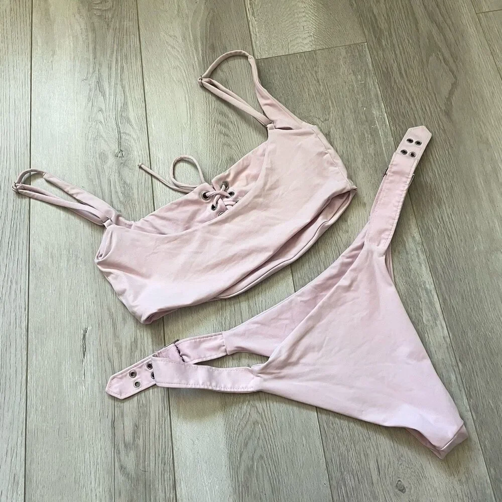 Frankies Bikinis Bikini corset pullover cheeky buckle womens Pink (medium) swim